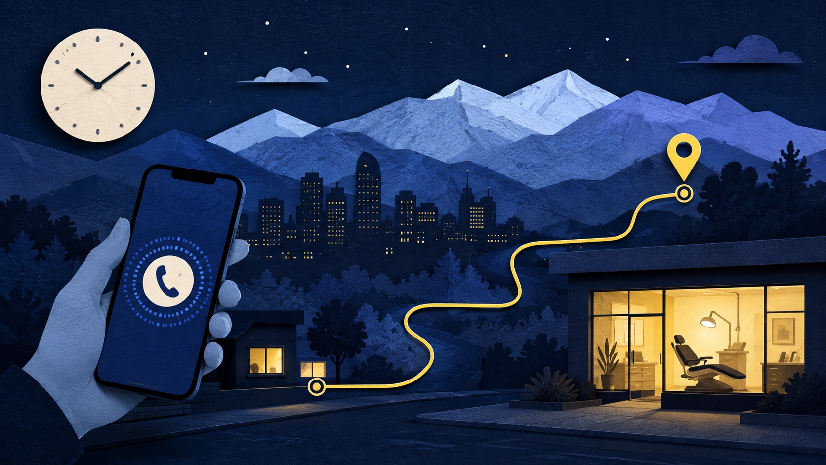 Illustrated overnight route from a phone call to a confirmed staffed dental office