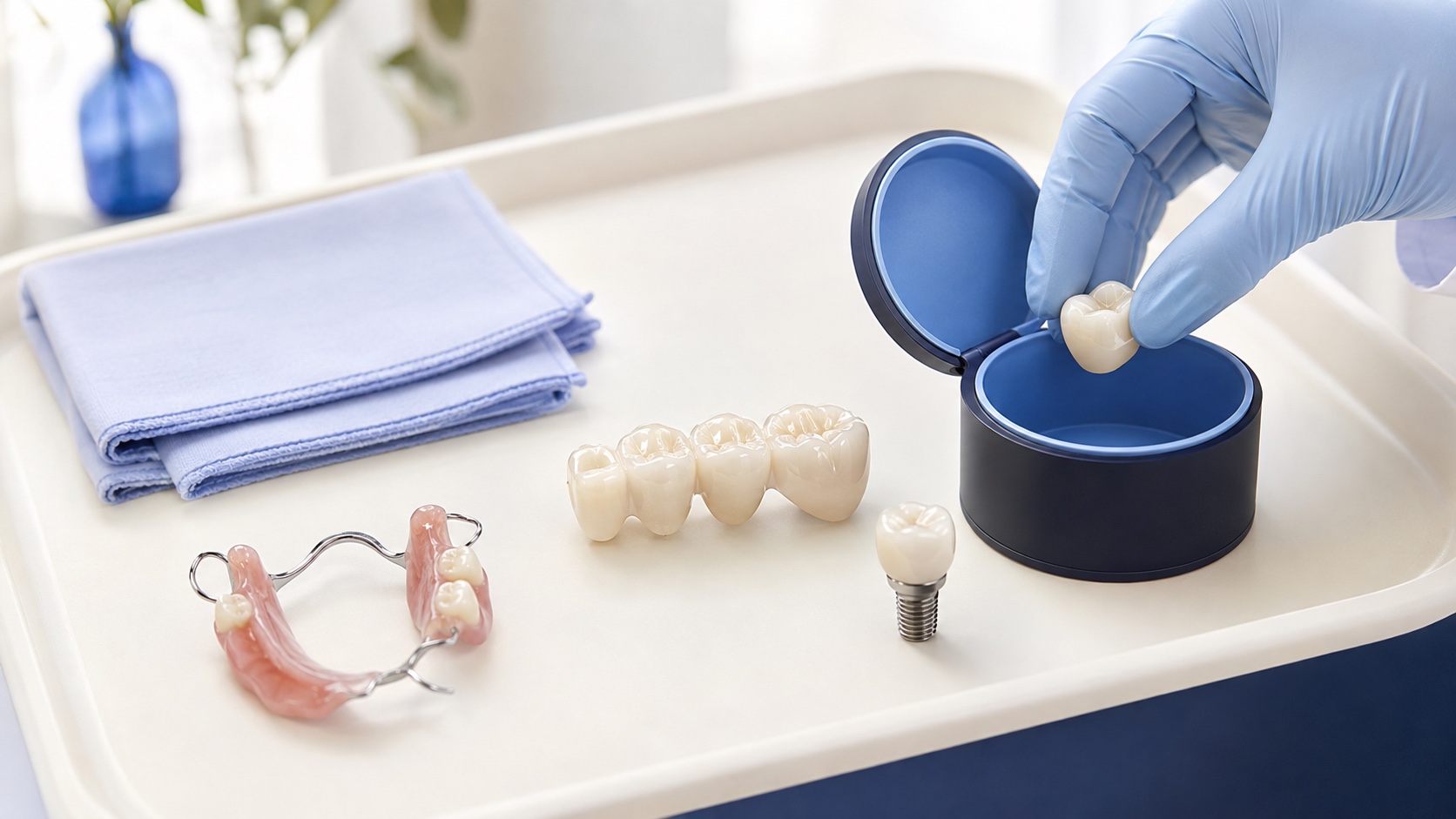 Dental crown, bridge, implant crown, and removable denture components on a clean surface