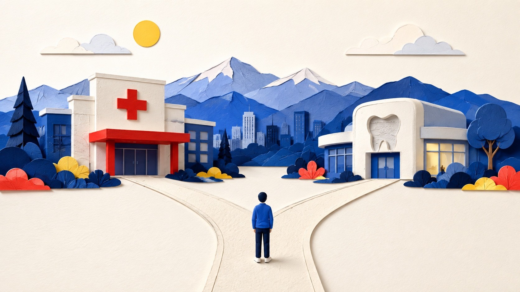 Illustrated decision path splitting toward a hospital emergency department and a dental office