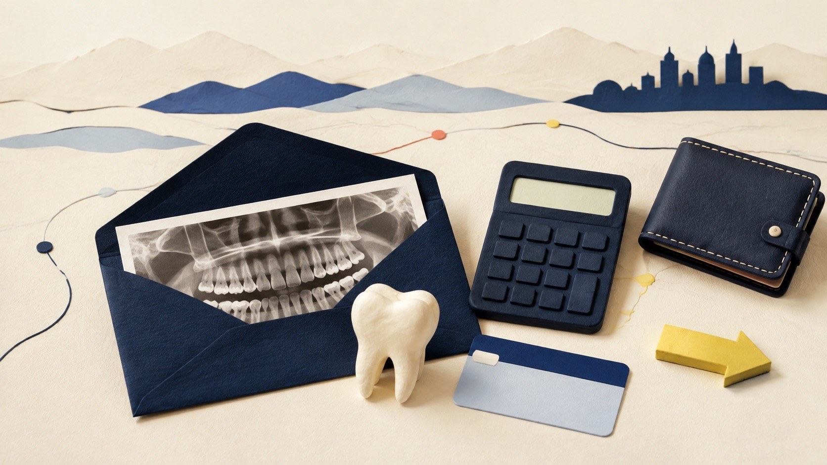 Editorial illustration of a dental X-ray, tooth model, calculator, insurance card, and wallet for emergency dental costs in Denver
