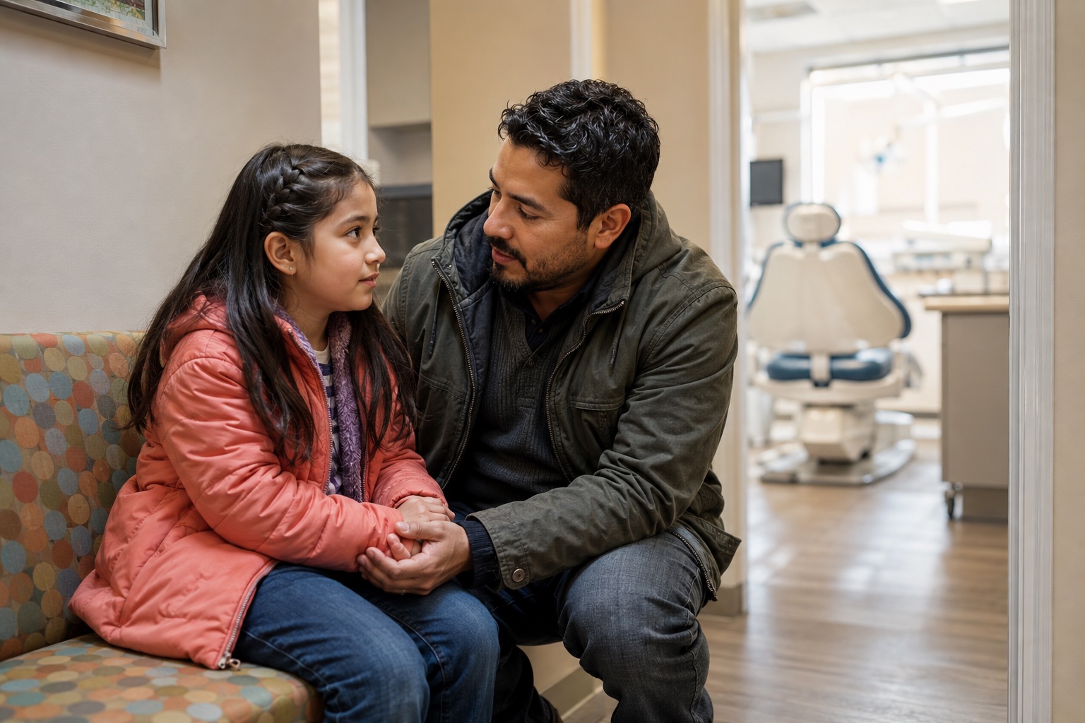 Padre tranquilizando a su hija antes de una visita dental urgente