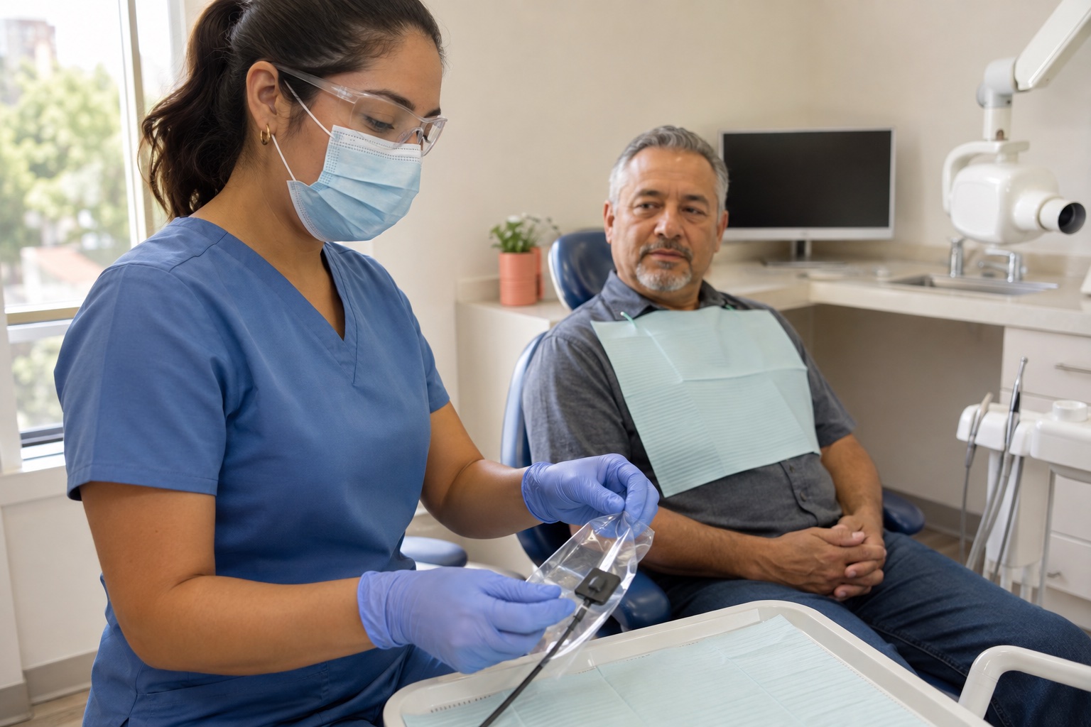 Asistente dental preparando un sensor digital protegido mientras el paciente espera