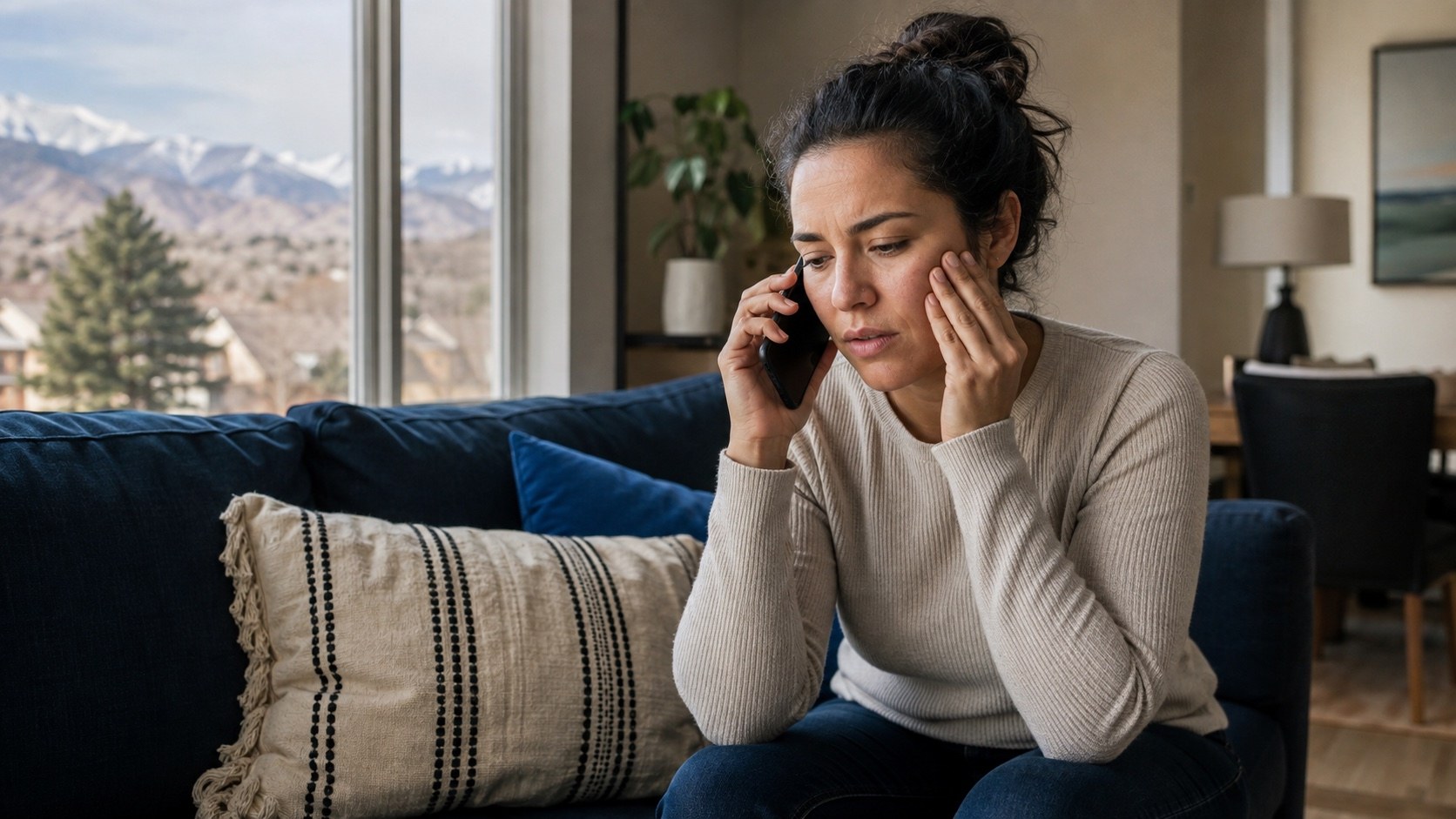 Adult at home calling a dental office while experiencing severe tooth pain