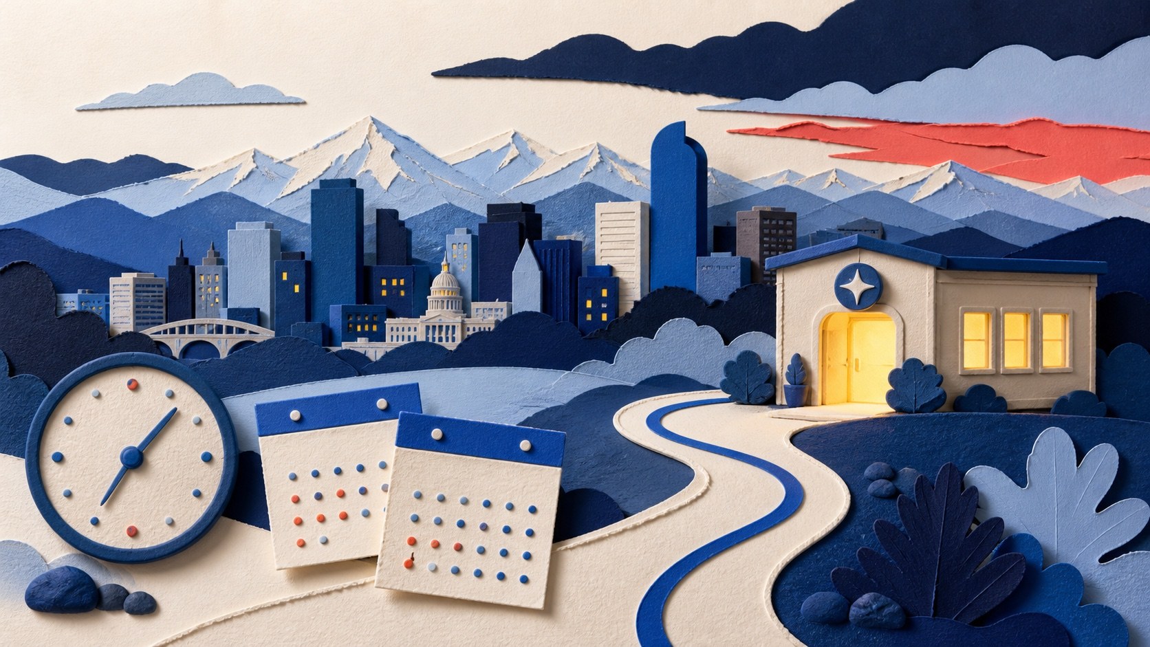 Illustrated Denver skyline, clock, route, and dental office for finding weekend or after-hours dental care