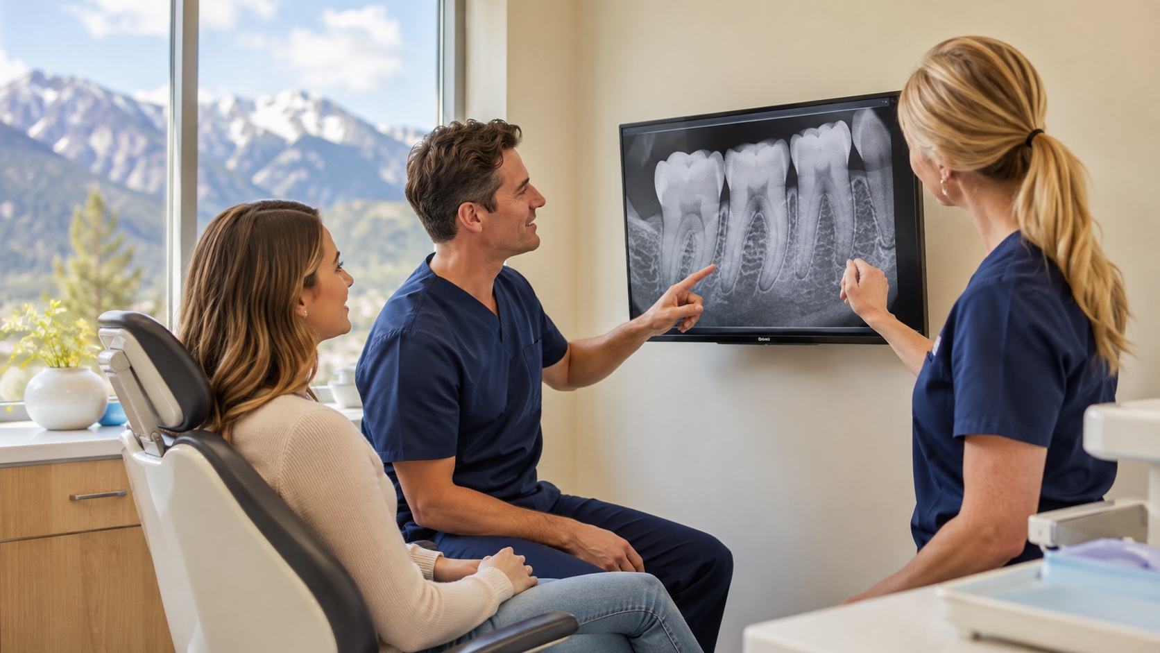 Dental patient reviewing diagnostic X-rays with a dentist and assistant