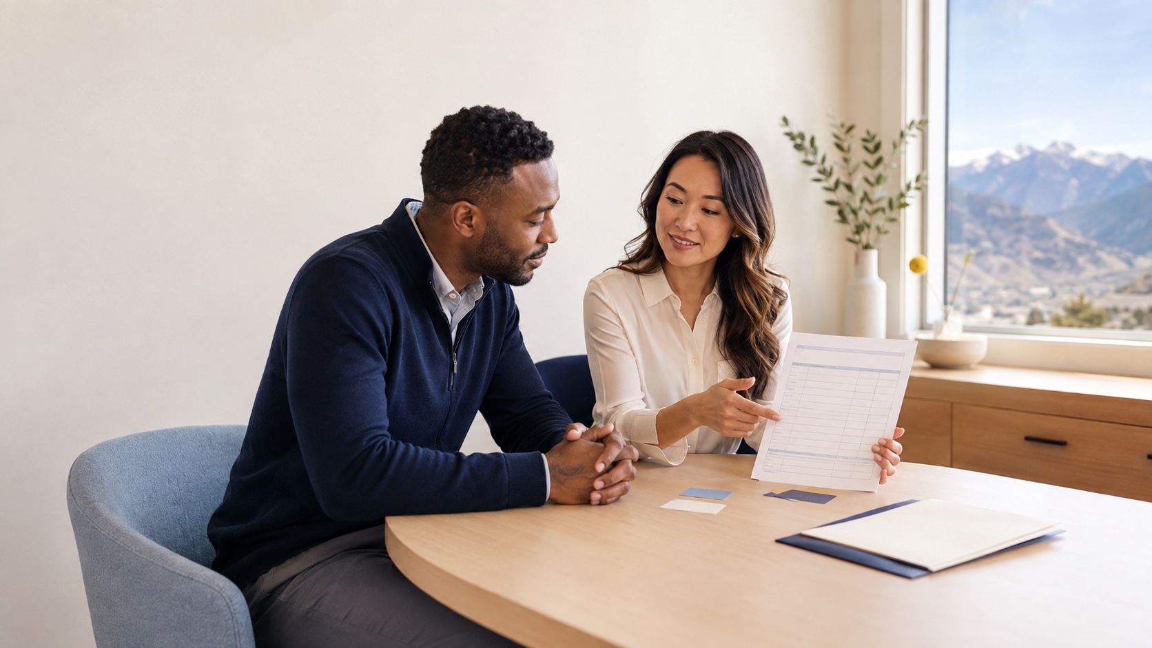 Dental patient reviewing an itemized urgent-care estimate with a treatment coordinator