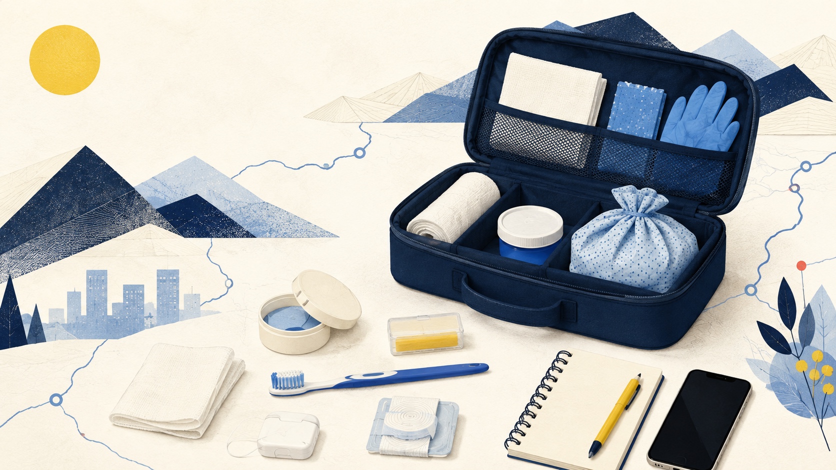 Organized home dental first-aid kit with gauze, cold pack, clean container, floss, and phone
