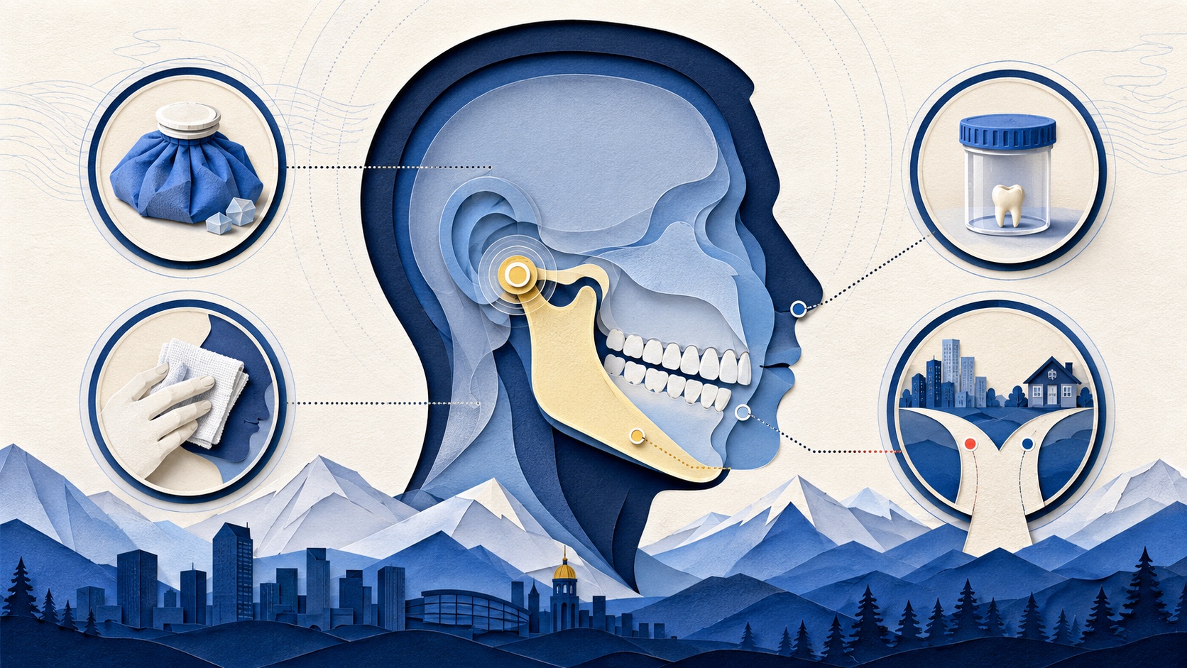 Illustrated jaw and mouth trauma guide with cold pack, gauze, clean container, and care decision