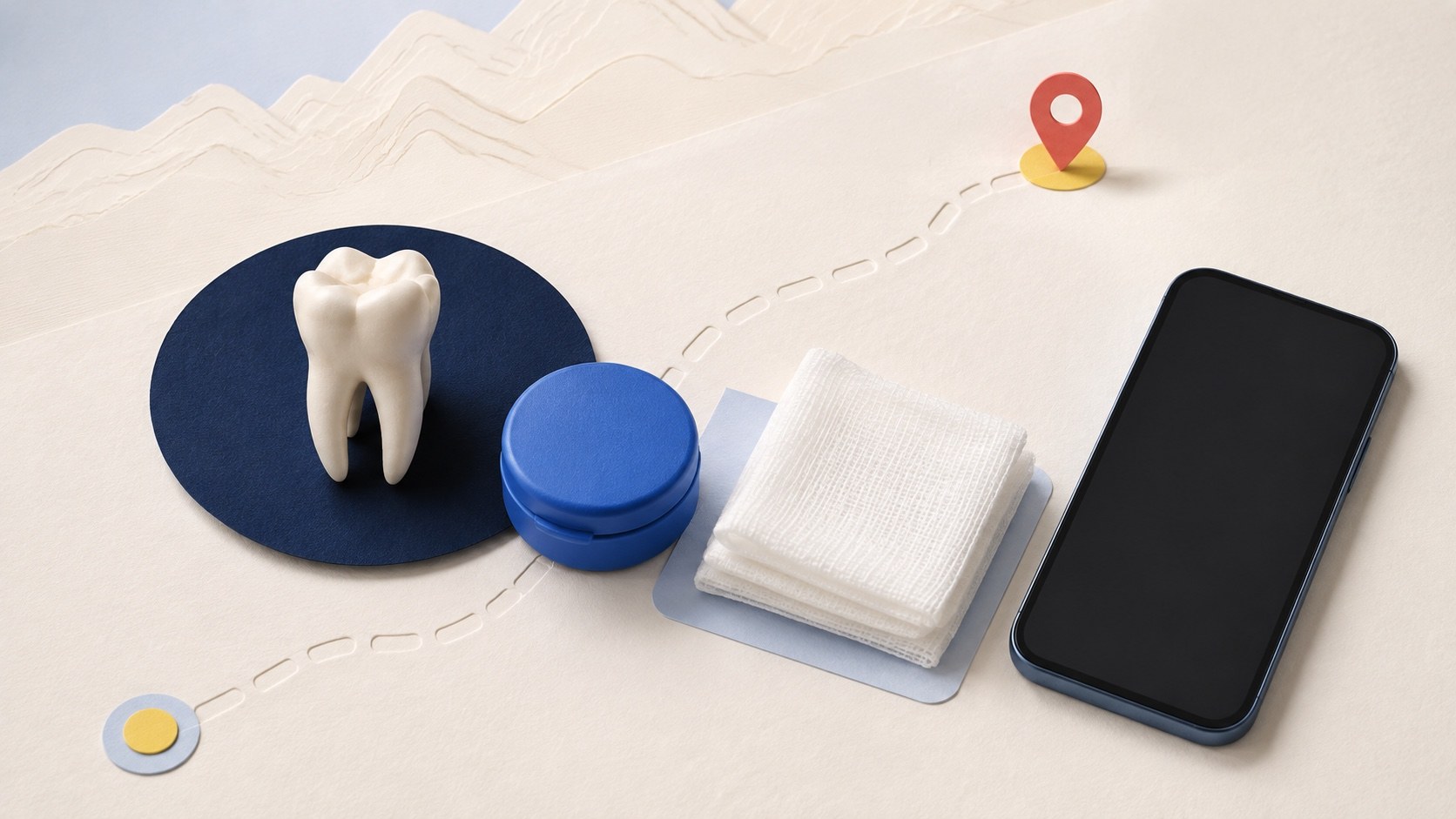 Knocked-out tooth first-aid supplies with clean container, gauze, and phone