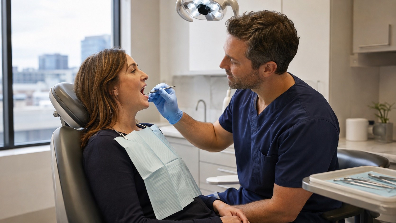 Dental clinician performing a focused emergency examination for an adult patient