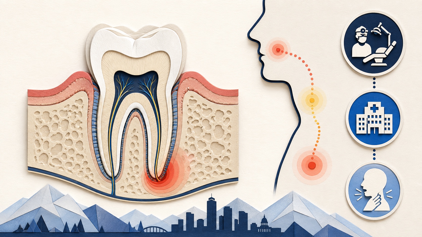 Illustrated tooth infection with dental, hospital, breathing, and swallowing warning-sign symbols