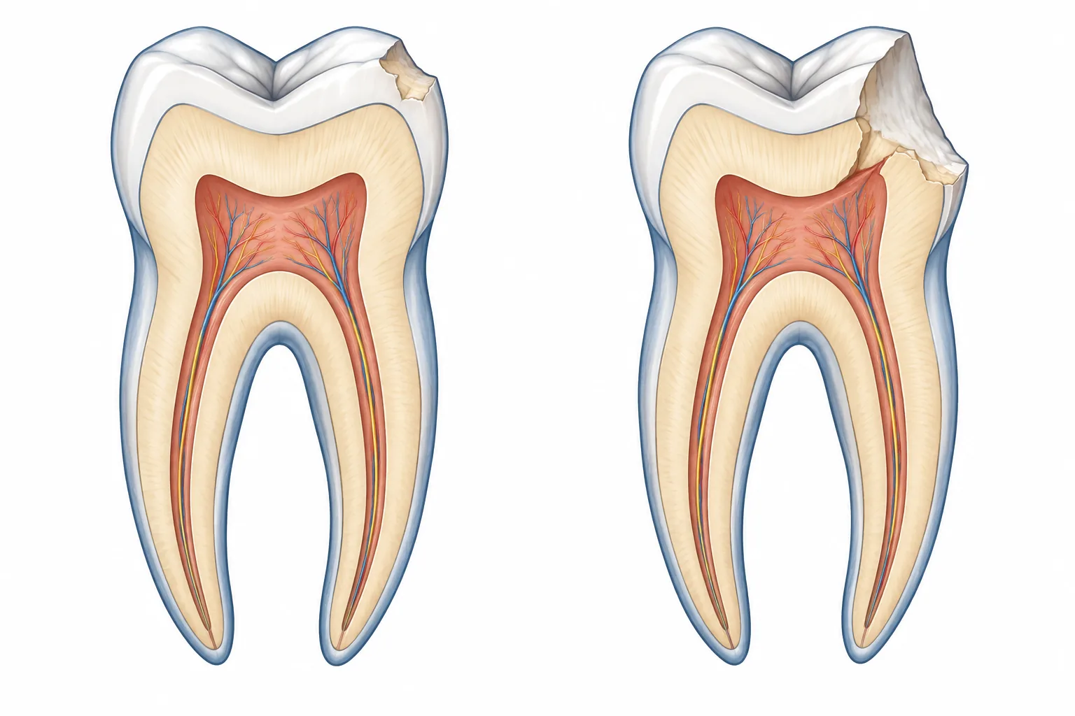 Illustrative molar cutaways comparing a smaller broken corner with a deeper break toward the pulp inside the tooth.