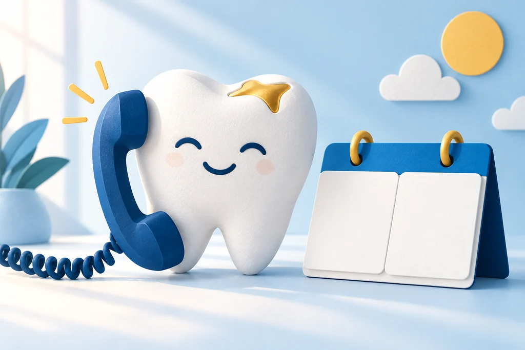 Original illustration of a smiling tooth with a phone and weekend calendar, a reminder to call Star Dental first.