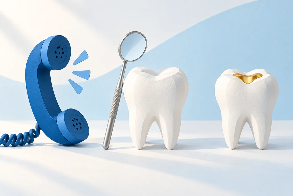 Illustrated sequence of a phone call, a tooth examination and a repaired tooth.